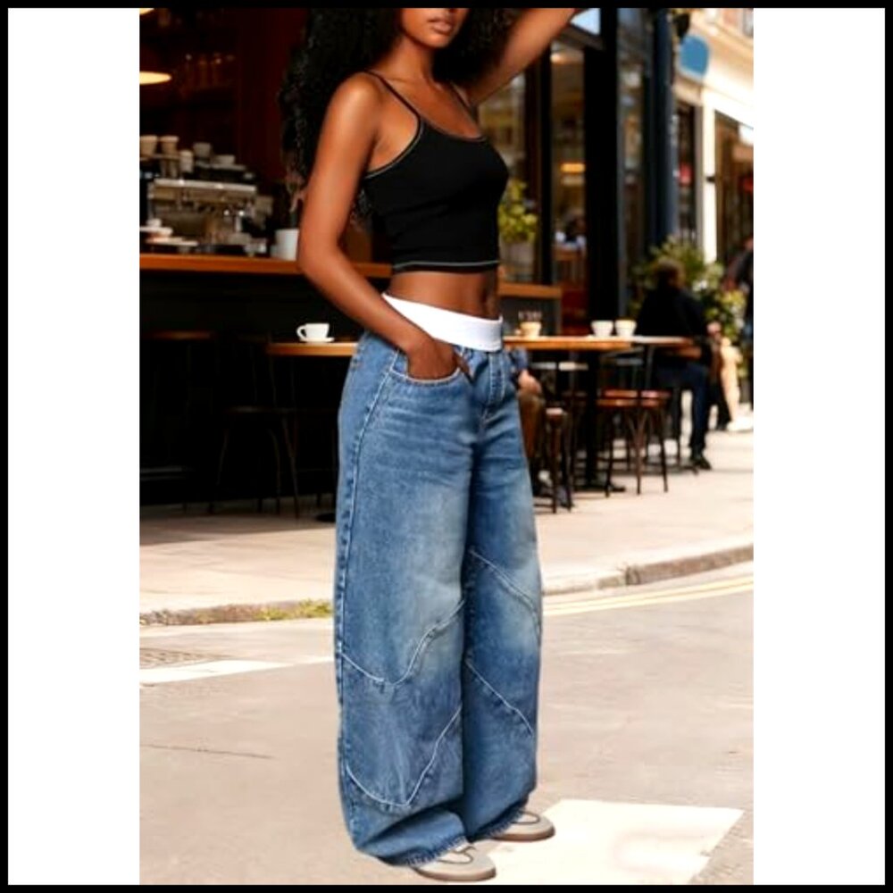 Wide Leg Denim Pants Stretchy Y2K Streetwear Baggy High Rise Color Block - Picture 6 of 7